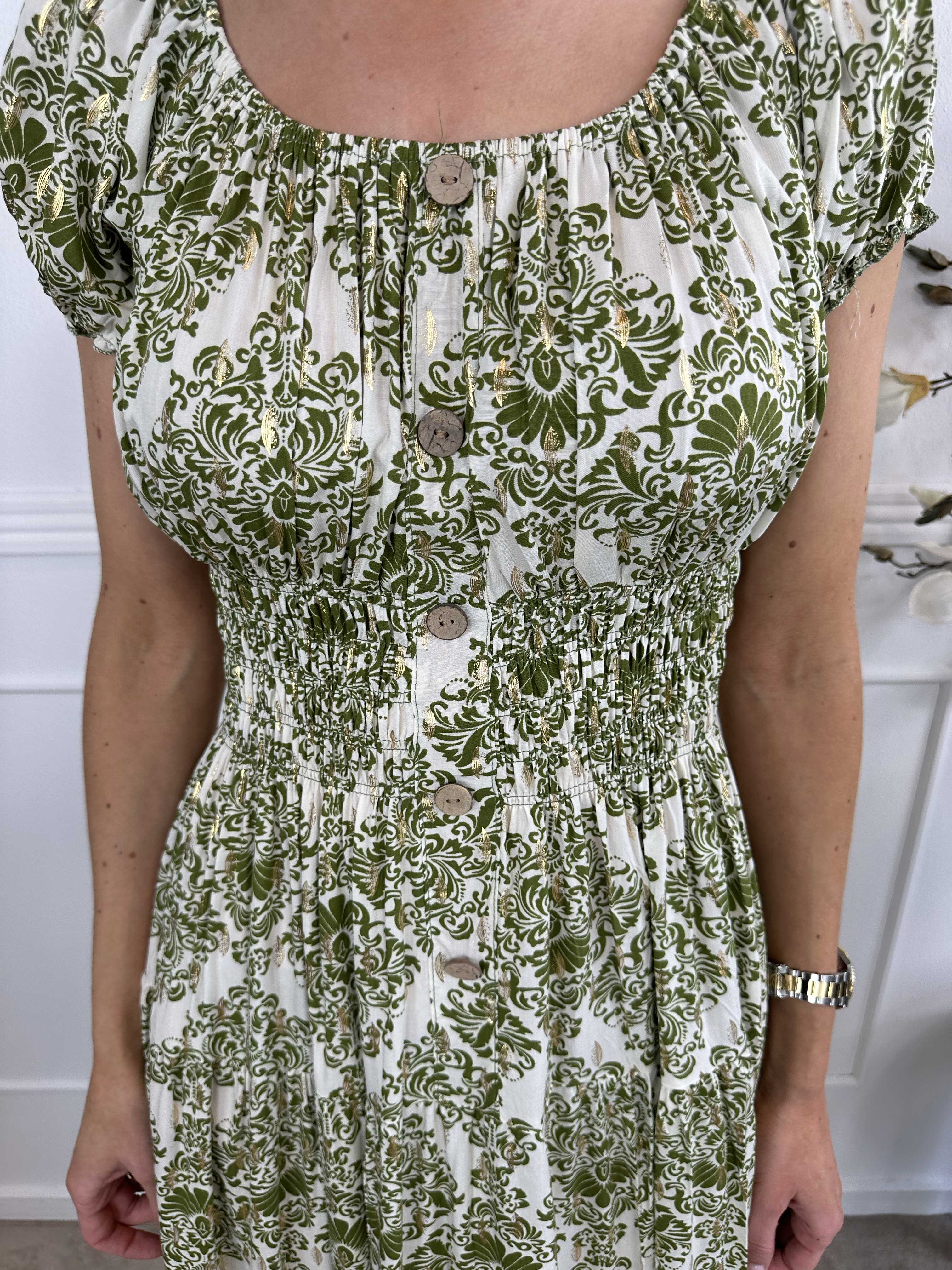 Elise - Lang mønstret kjole med elastik i udskæringen